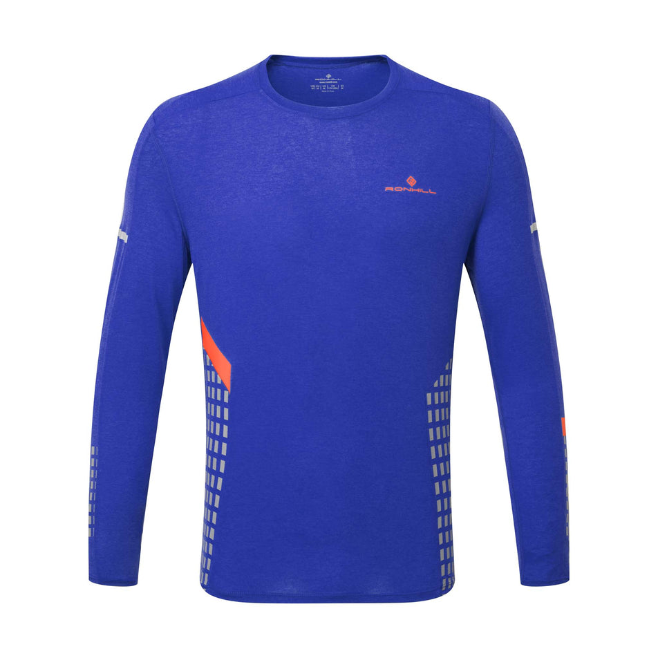 Front view of a Ronhill Men's Tech Afterhours L/S Tee in the Cobalt/Flame/Reflect colourway (8047874408610)