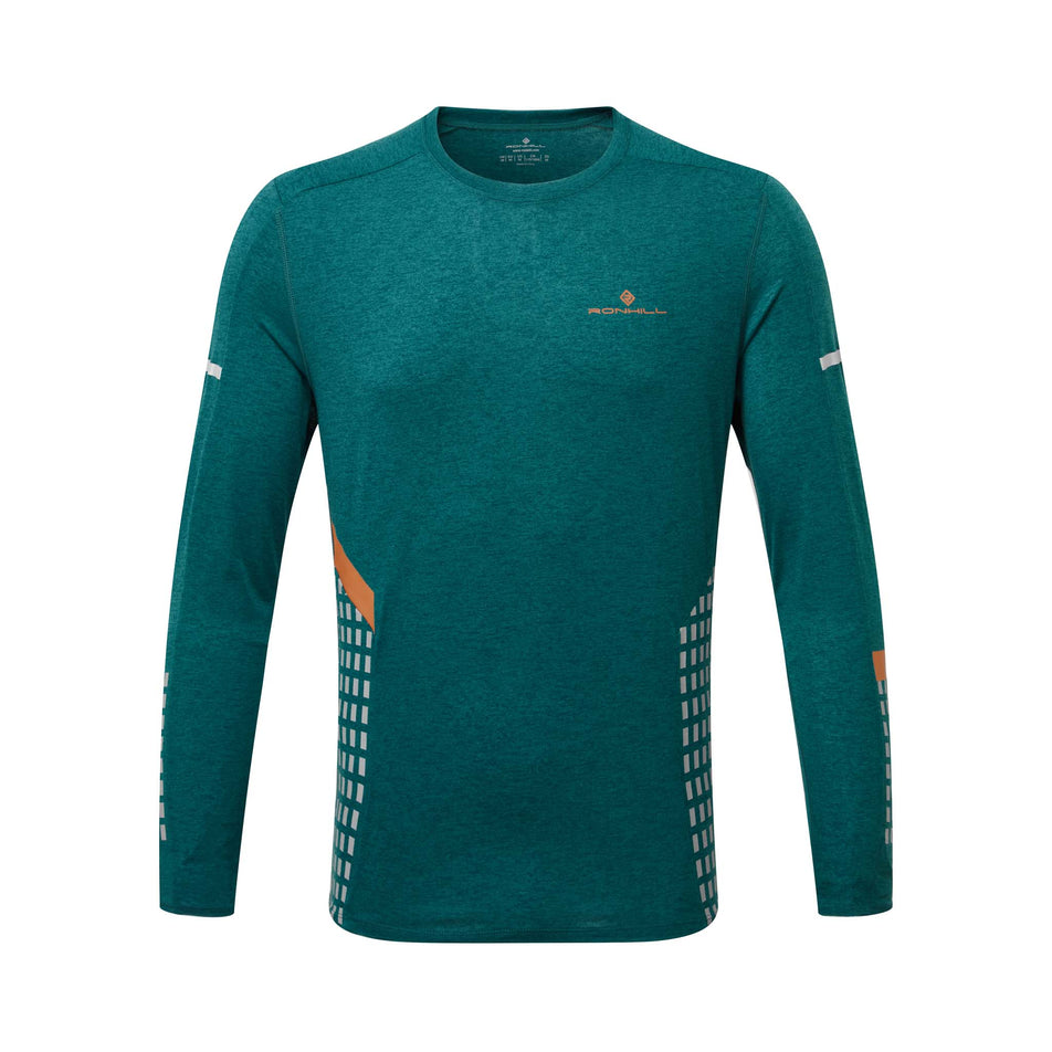 Front view of a Ronhill Men's Tech Afterhours L/S Tee in the Deep Lagoon/Copper Reflect colourway (8048083337378)