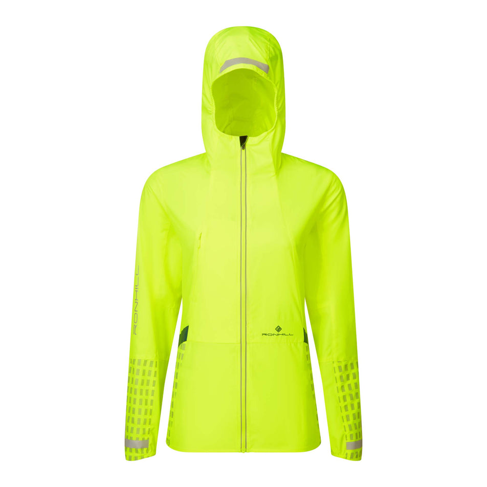 Front view of a Ronhill Women's Tech Afterhours Jacket in the Fluo Yellow/Deep Lagoon/Reflect colourway. (8019130286242)
