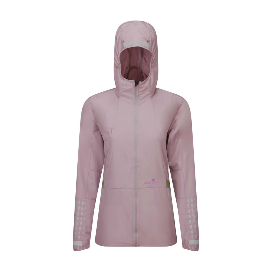 Front view of a Ronhill Women's Tech Afterhours Jacket in the Stardust/Thistle/Reflect colourway. (8019199557794)