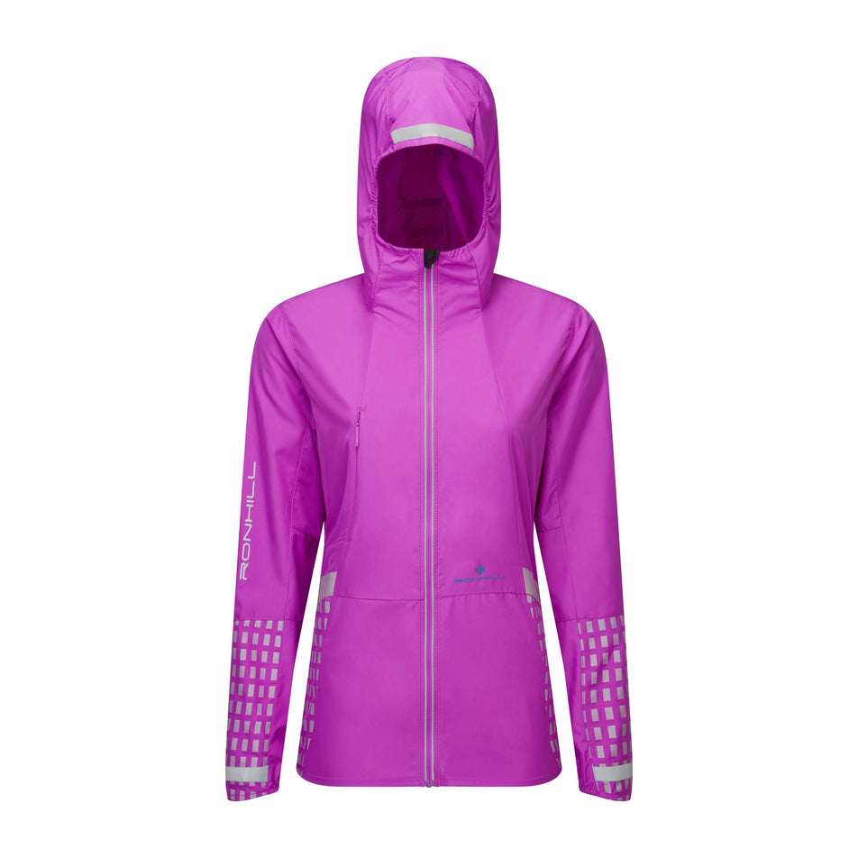 Front view of a Ronhill Women's Tech Afterhours Jacket in the Thistle/Cobalt/Reflect colourway (8047250374818)