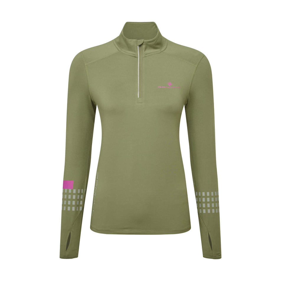 Front a Ronhill Women's Tech Afterhours 1/2 Zip Tee in the Woodland/Thistle/Reflect colourway (8023190896802)