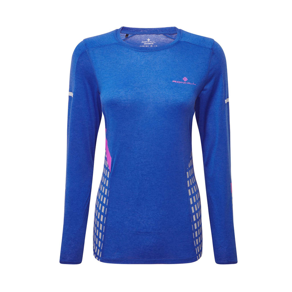 Front view of a Ronhill Women's Tech Afterhours L/S Tee in the Cobalt/Thistle/Reflect colourway (8047287500962)
