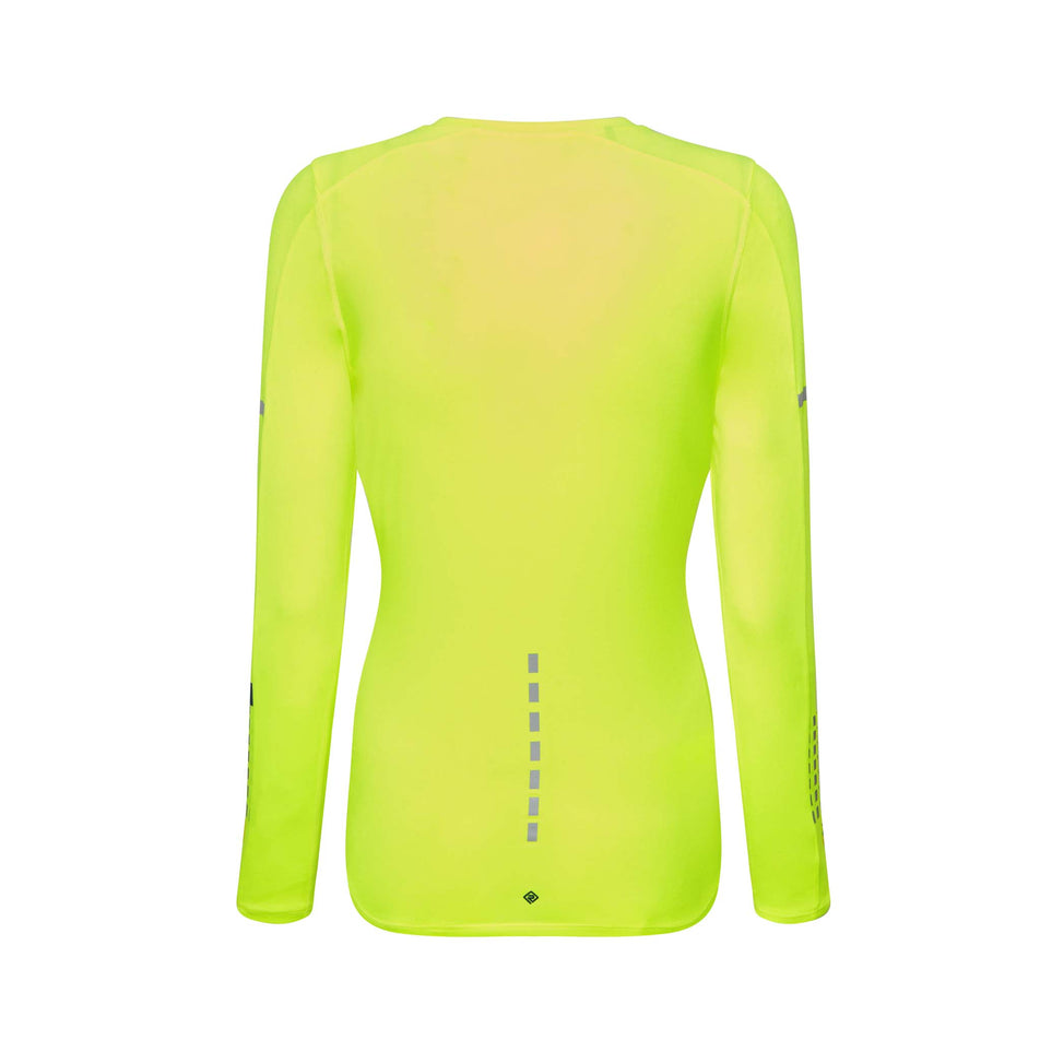 Back view of a Ronhill Women's Tech Afterhours L/S Tee in the Fluo Yellow/Deep Lagoon/Reflect colourway. (8023196041378)