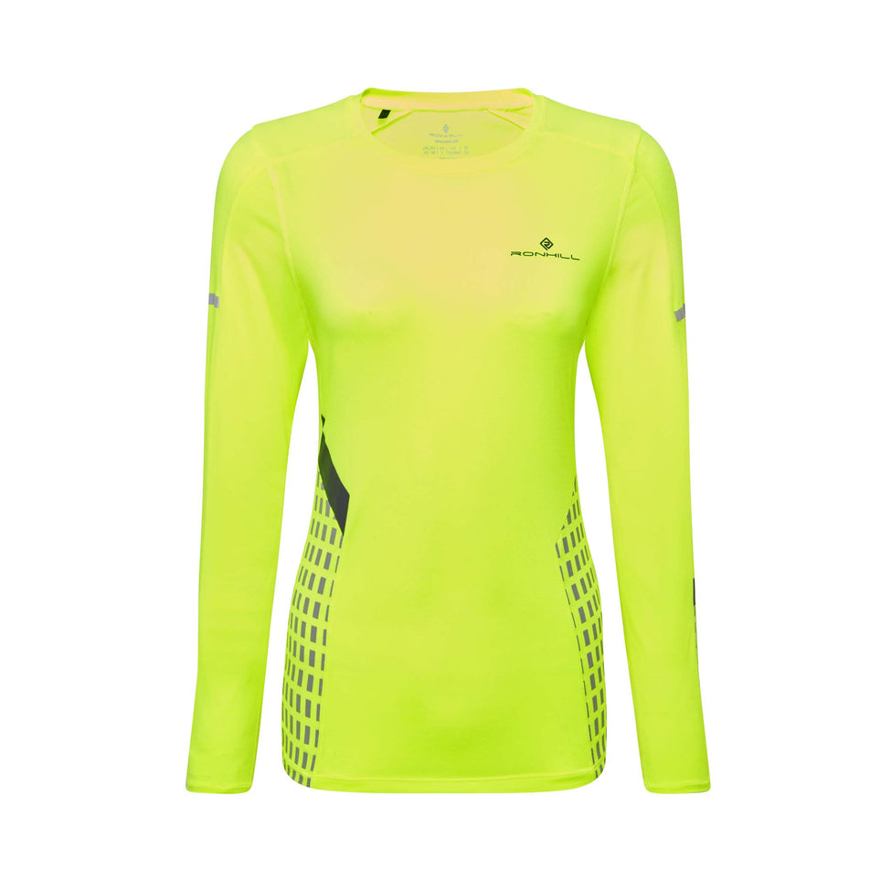 Front view of a Ronhill Women's Tech Afterhours L/S Tee in the Fluo Yellow/Deep Lagoon/Reflect colourway. (8023196041378)