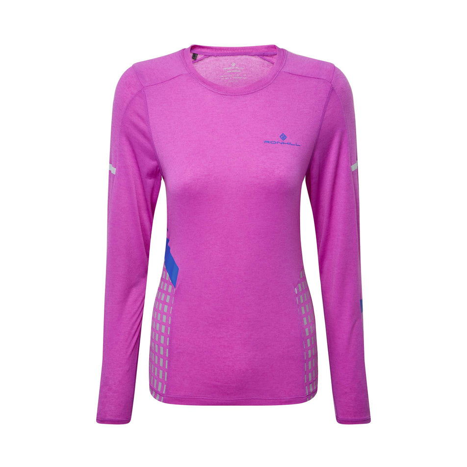 Front view of a Ronhill Women's Tech Afterhours L/S Tee in the Thistle/Cobalt/Reflect colourway (8047305818274)