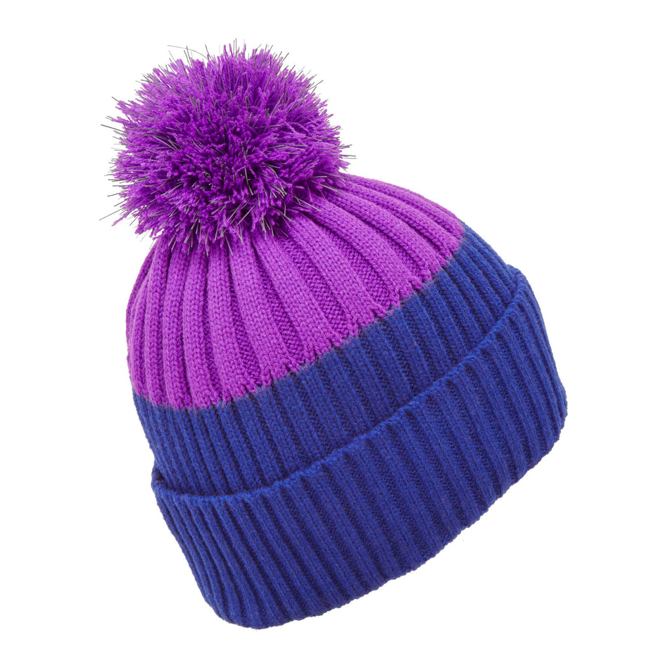 Angled back view of a Ronhill Unisex Bobble Hat in the Cobalt/Thistle colourway (8033745305762)