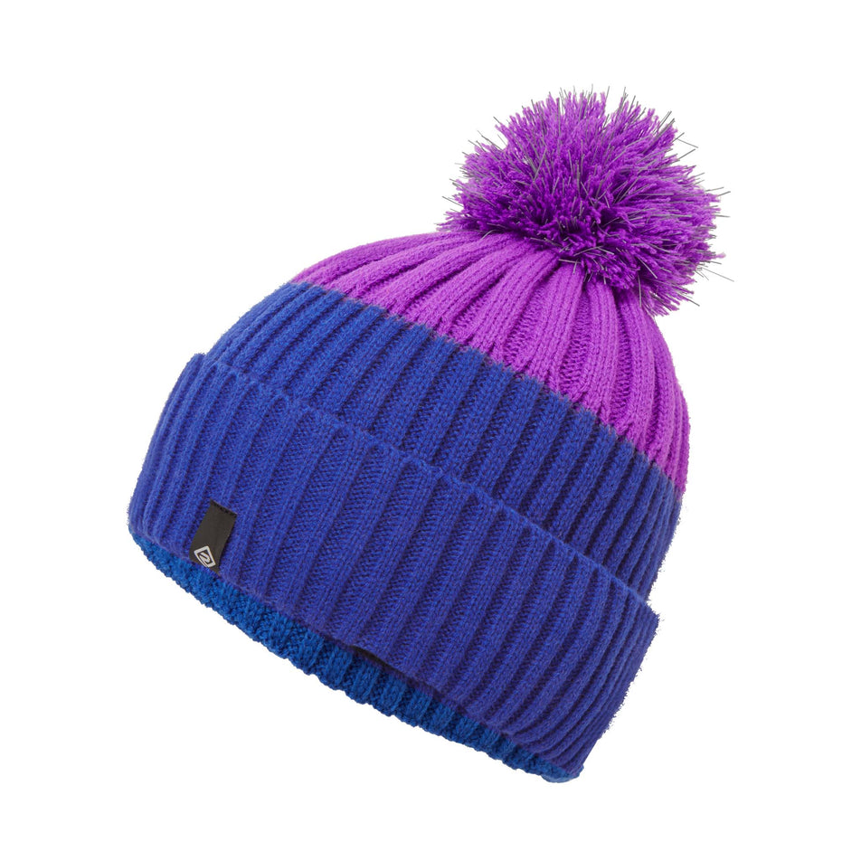 Angled front view of a Ronhill Unisex Bobble Hat in the Cobalt/Thistle colourway (8033745305762)