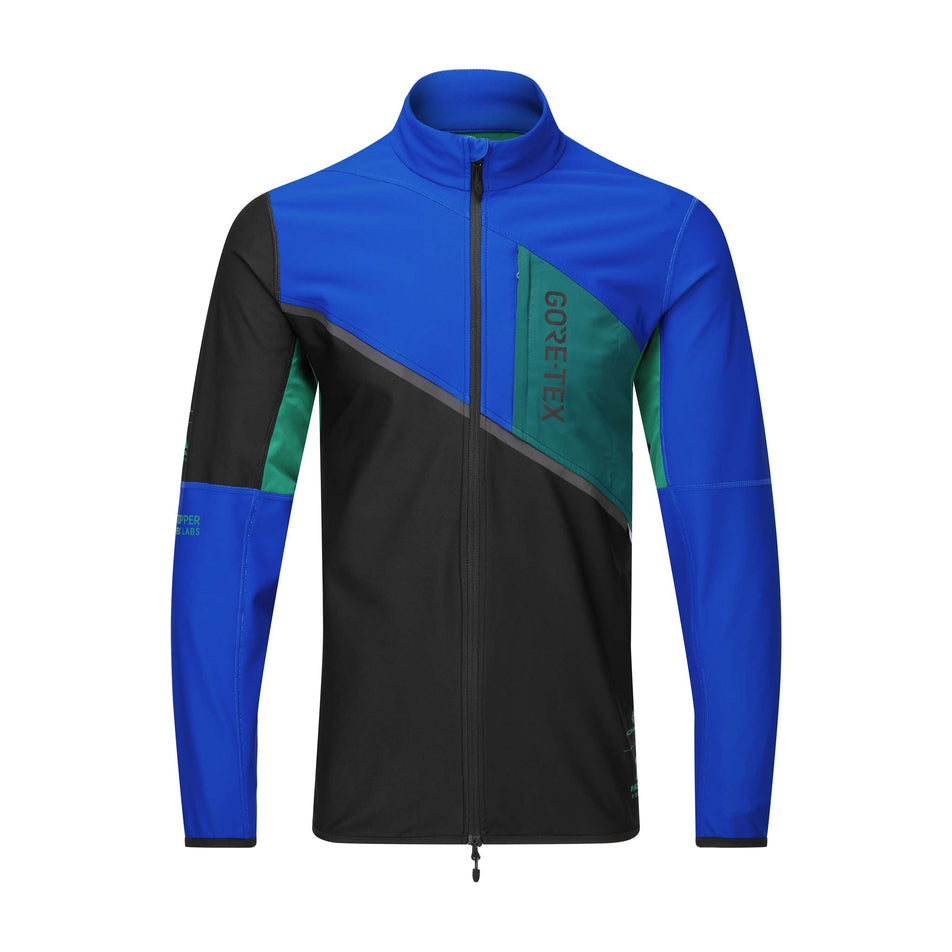 Front view of a Ronhill Men's Tech Gore-Tex Windstopper Jacket in the Black/Cobalt colourway (8032213565602)