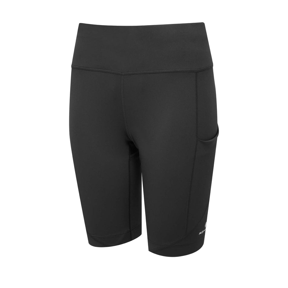 Front view of the Ronhill Women's Tech Stretch Short in the Black/Bright White colourway (8158822564002)