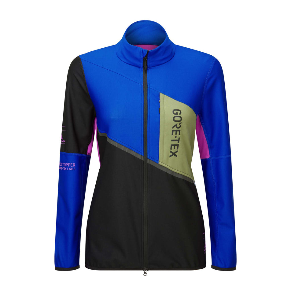 Front view of a Ronhill Women's Tech Gore-Tex Windstopper Jacket in the Black/Cobalt colourway  (8024339841186)