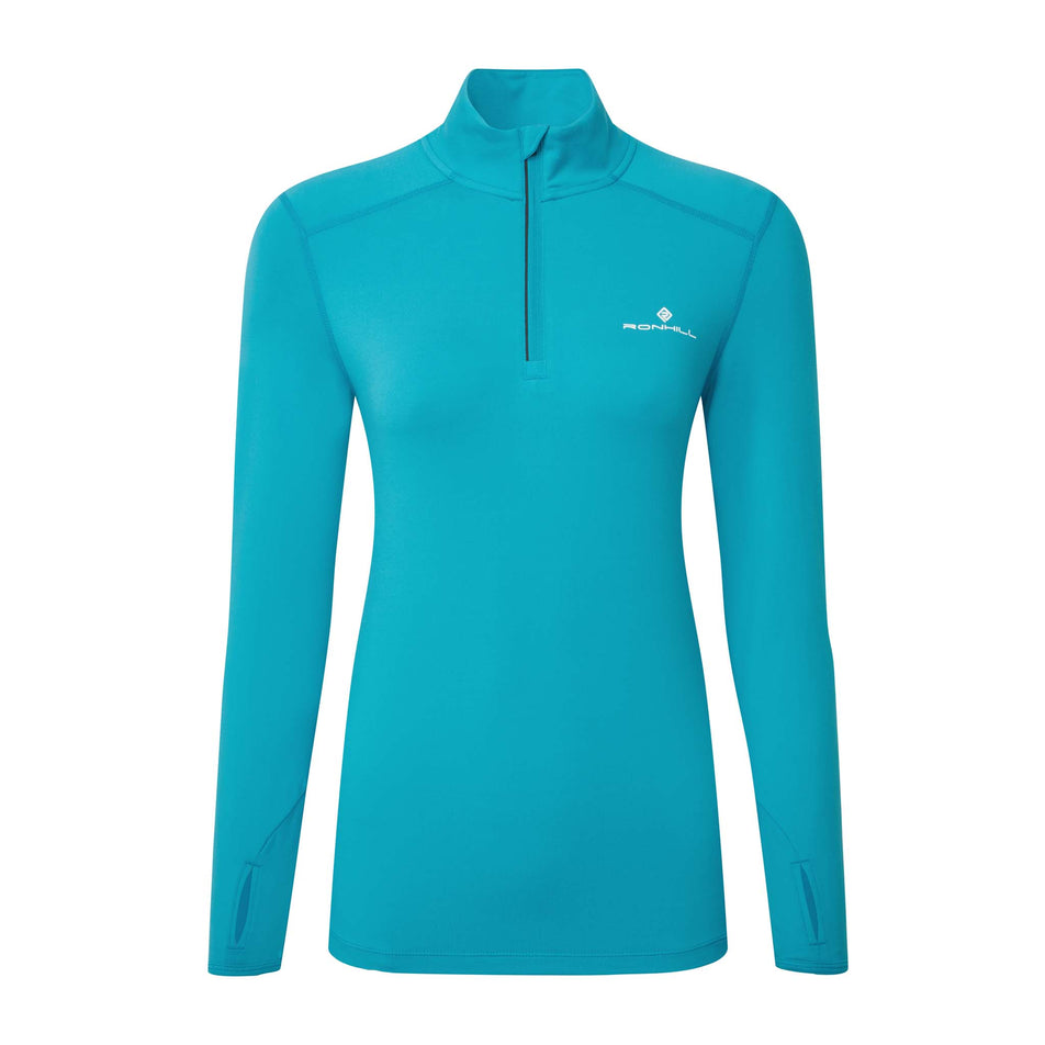 Front view of a Ronhill Women's Core Thermal 1/2 Zip in the Azure/Bright White colourway (8159242813602)