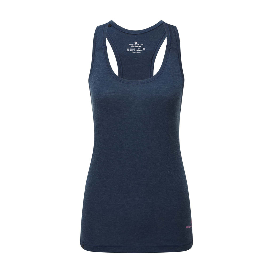 Front view of a Ronhill Women's Tech Tencel Vest in the Dark Navy Marl colourway (8159377424546)