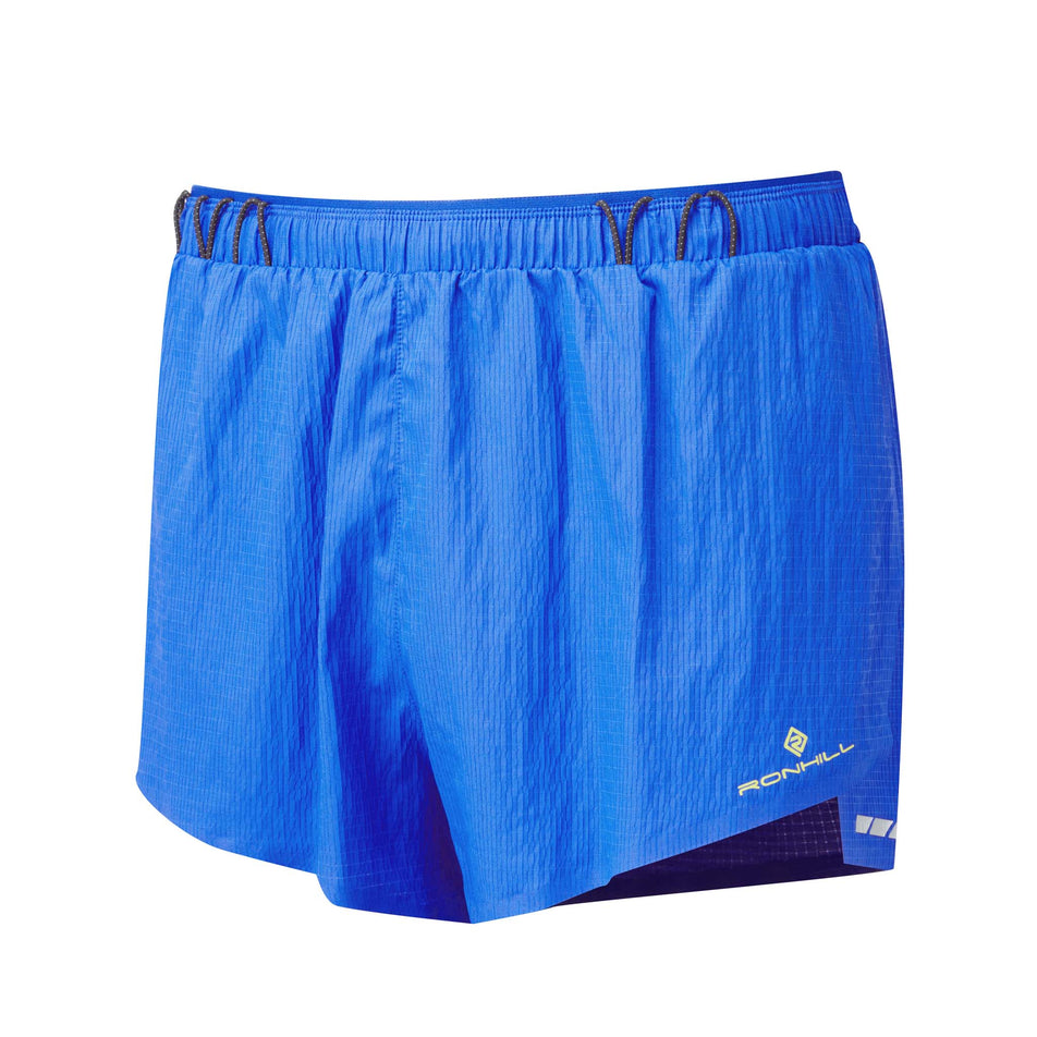 Front view of the Ronhill Men's Tech Race Short in the Azurite/Citrus colourway (8159260410018)