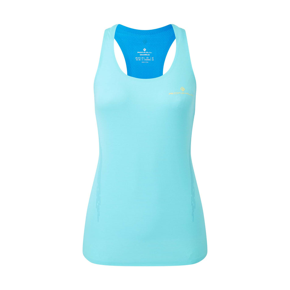 Front view of a Ronhill Women's Tech Race Vest in the Aquamint/Electric Blue colourway. (8157941760162)