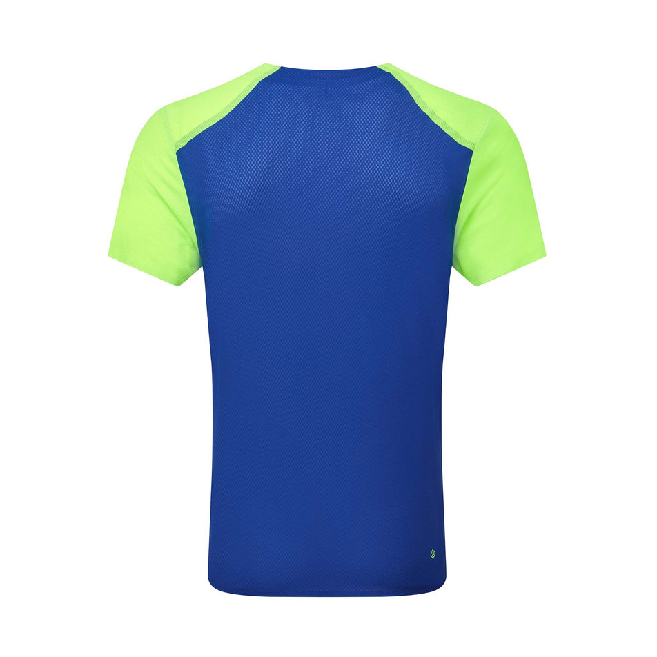 Back view of the Ronhill Men's Tech Race S/S Tee in the Fluo Green/Dark Cobalt colourway.
