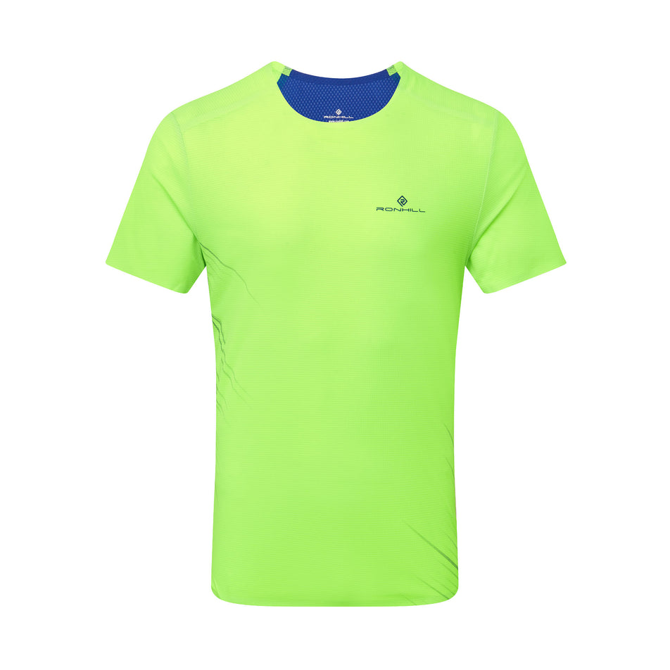 Front view of the Ronhill Men's Tech Race S/S Tee in the Fluo Green/Dark Cobalt colourway.