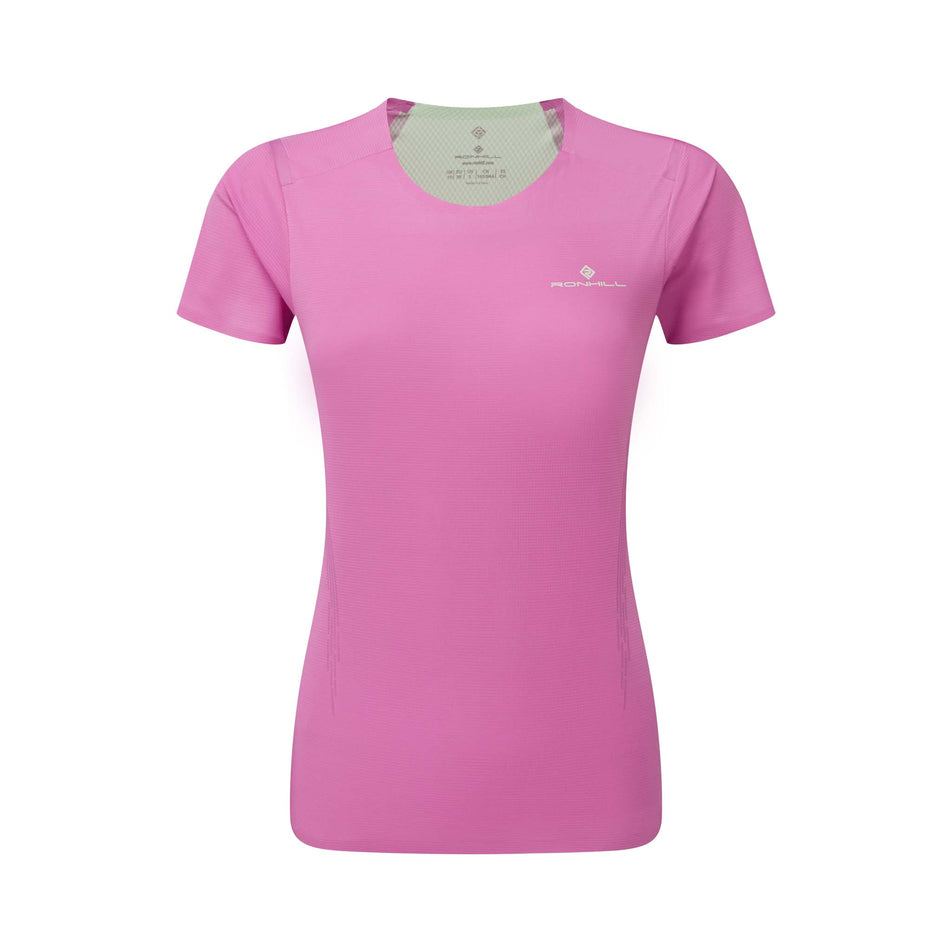 Front view of a Ronhill Women's Tech Race S/S Tee in the Fuchsia/Honeydew colourway (8158803427490)