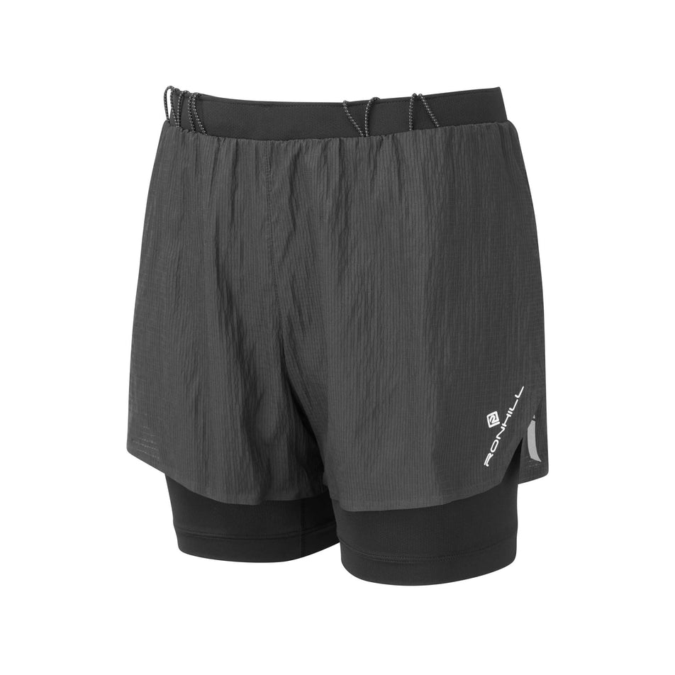 Front view of the Ronhill Women's Tech Race Twin Short in the All Black colourway (8158813323426)