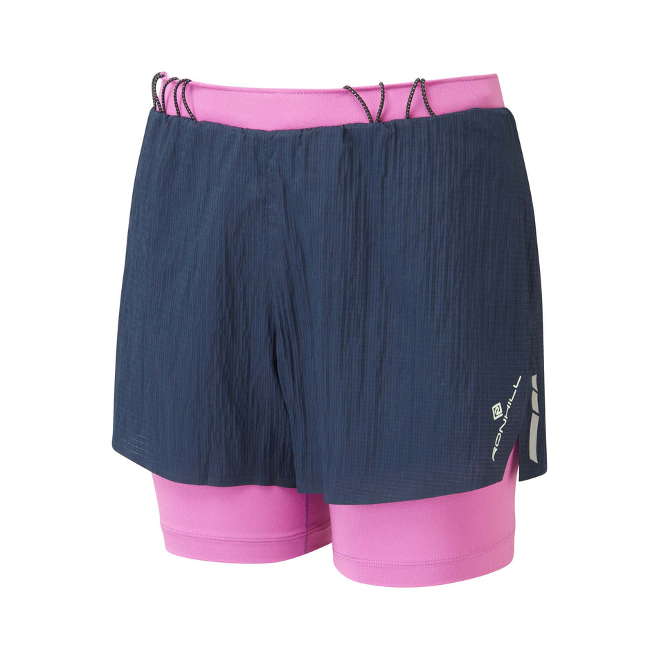 Front view of the Ronhill Women's Tech Race Twin Short in the Dark Navy/Fuchsia colourway (8159320768674)