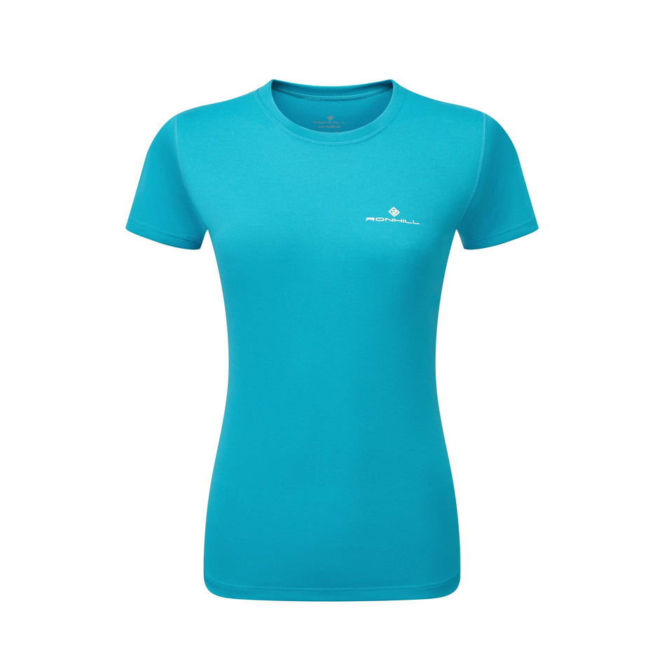 Front view of a Ronhill Women's Core S/S Tee in the Azure/Bright White colourway (8159237177506)