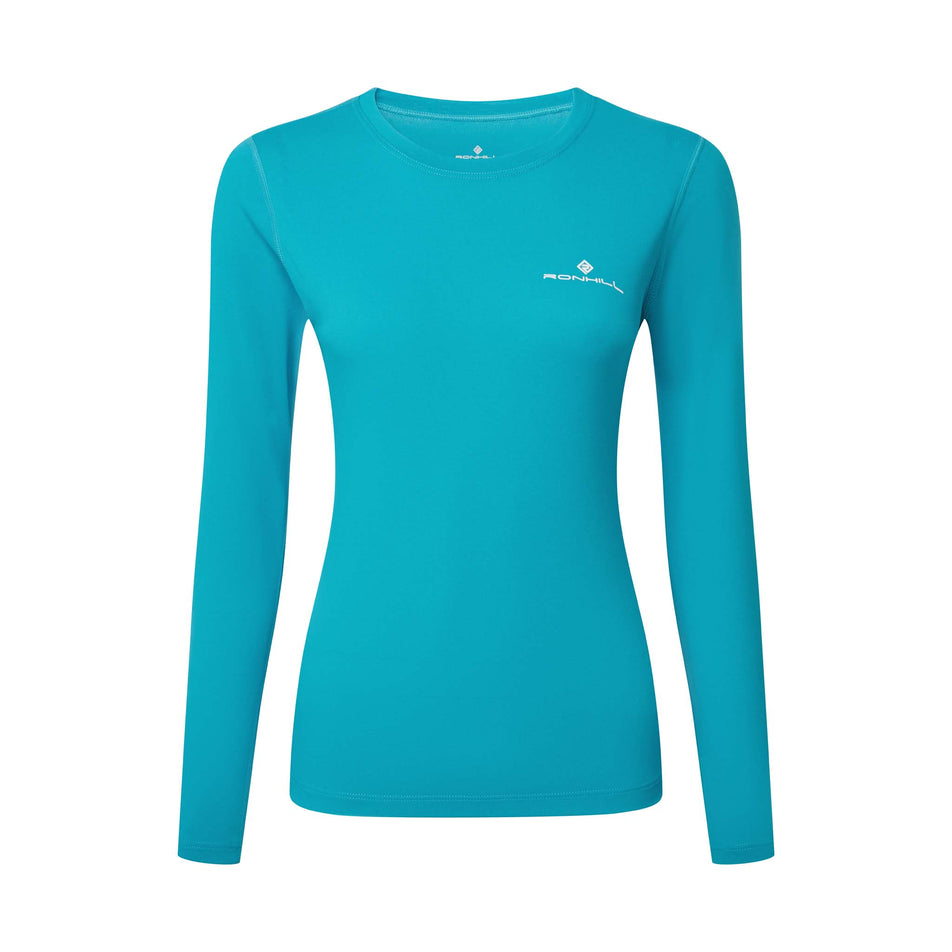 Front view of a Ronhill Women's Core L/S Tee in the Azure/Bright White colourway (8159242420386)
