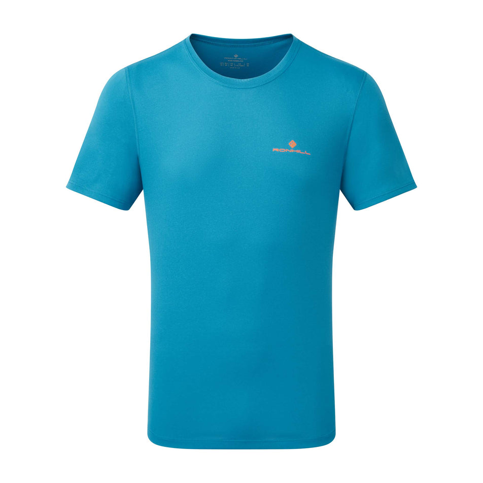 Front view of a Ronhill Men's Core S/S Tee in the Petrol/Fluo Orange colourway (8159272698018)