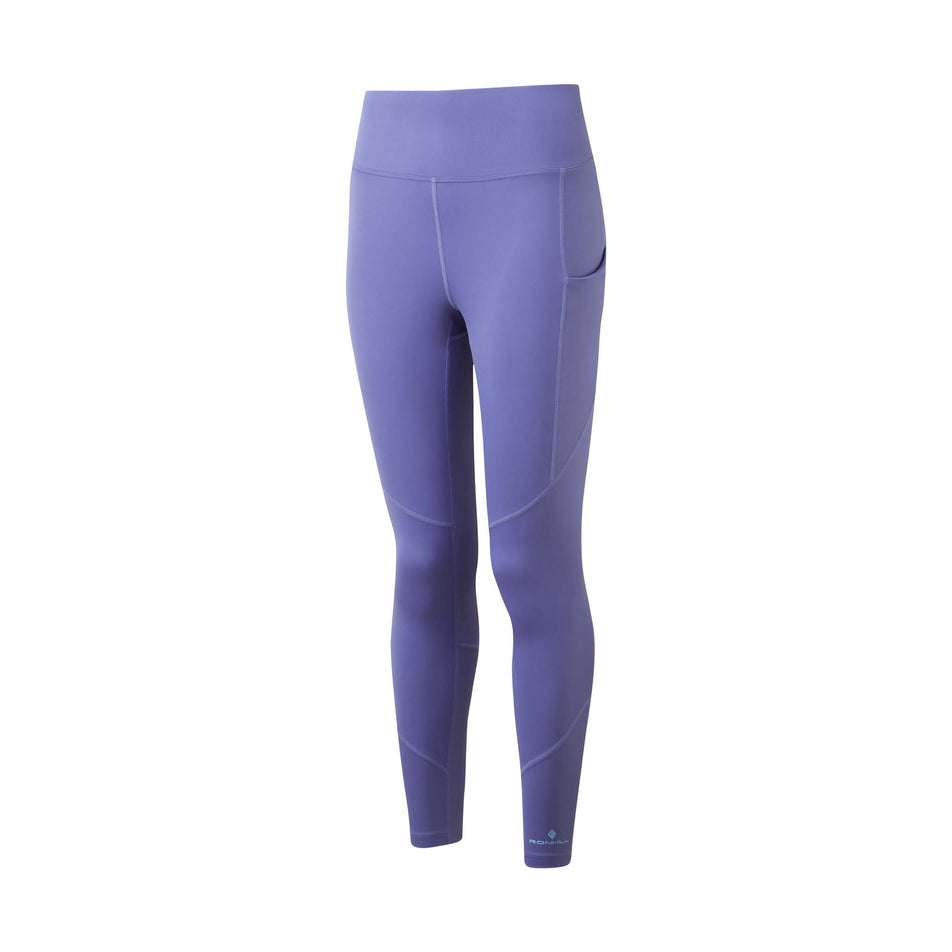 Front view of the Ronhill Women's Tech Tight in the Dark Periwinkle/Aquamint colourway. Model us also wearing a Ronhill top and Altra running shoes. (8158835572898)