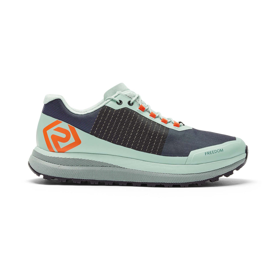 Lateral side of the right shoe from a pair of Ronhill Women's Freedom Running Shoes in the Teal/Eggshell/Pastel Red colourway (8192906100898)