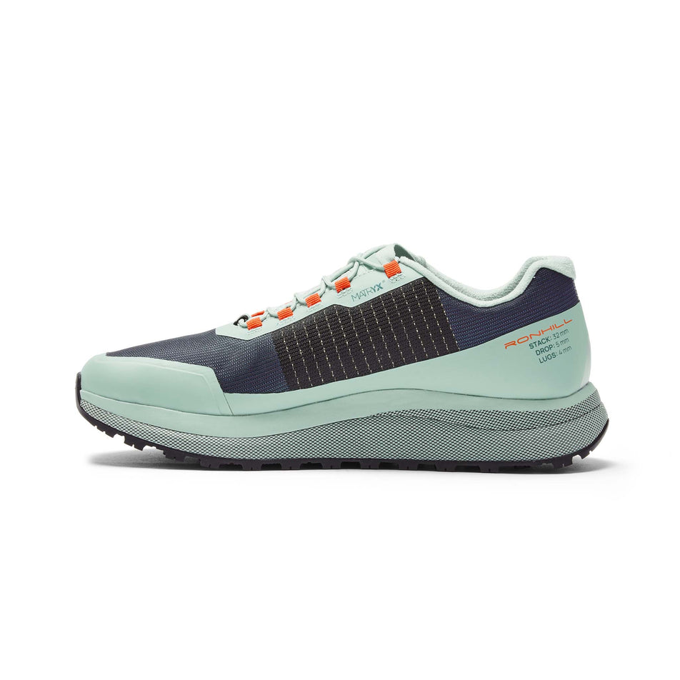 Medial side of the right shoe from a pair of Ronhill Women's Freedom Running Shoes in the Teal/Eggshell/Pastel Red colourway (8192906100898)