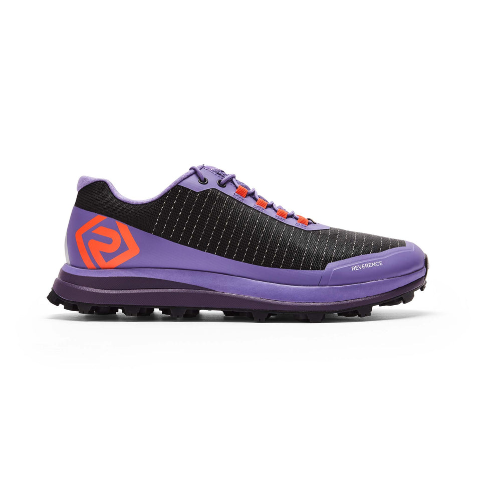Lateral side of the right shoe from a pair of Ronhill Women's Reverence Running Shoes in the Purple/Heather/Pastel Red colourway (8192896204962)