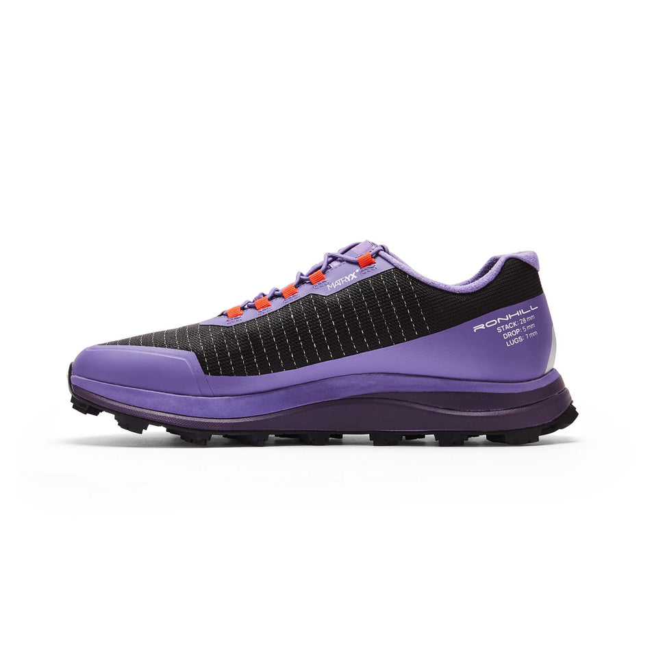 Medial side of the right shoe from a pair of Ronhill Women's Reverence Running Shoes in the Purple/Heather/Pastel Red colourway (8192896204962)