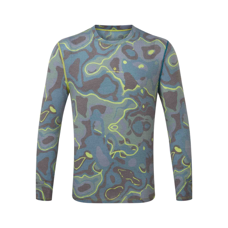 Front view of the Ronhill Men's Tech Golden Hour L/S Tee in the Deep Teal Heat Map colourway.  (8490280550562)