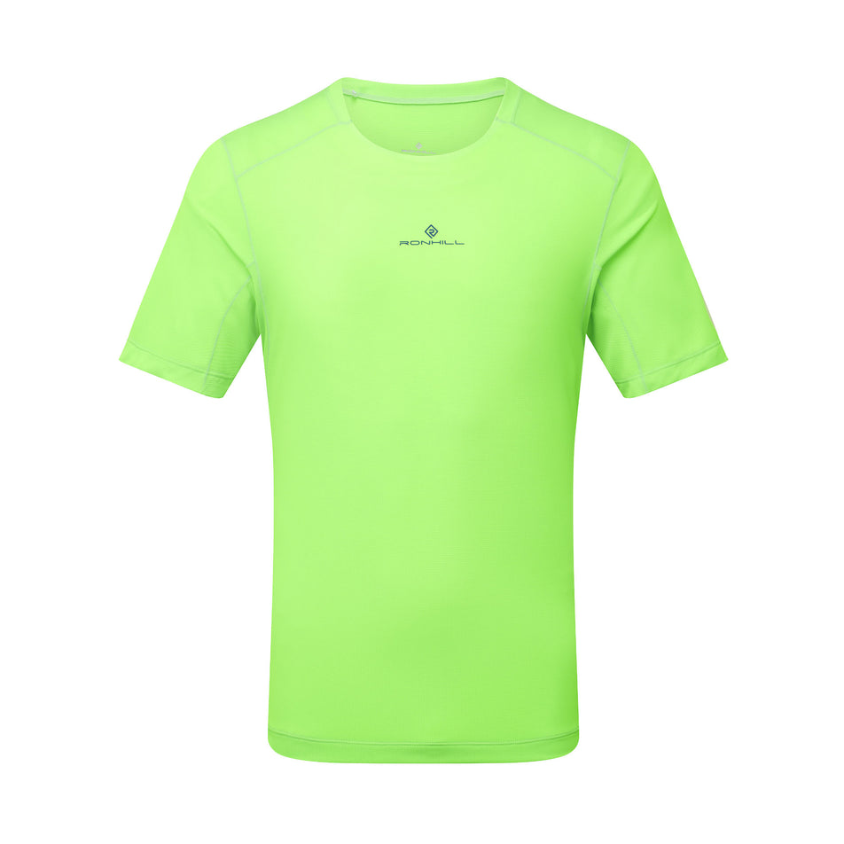 Front view of the Ronhill Men's Tech S/S Tee in the Fluo Green/Dark Cobalt colourway.