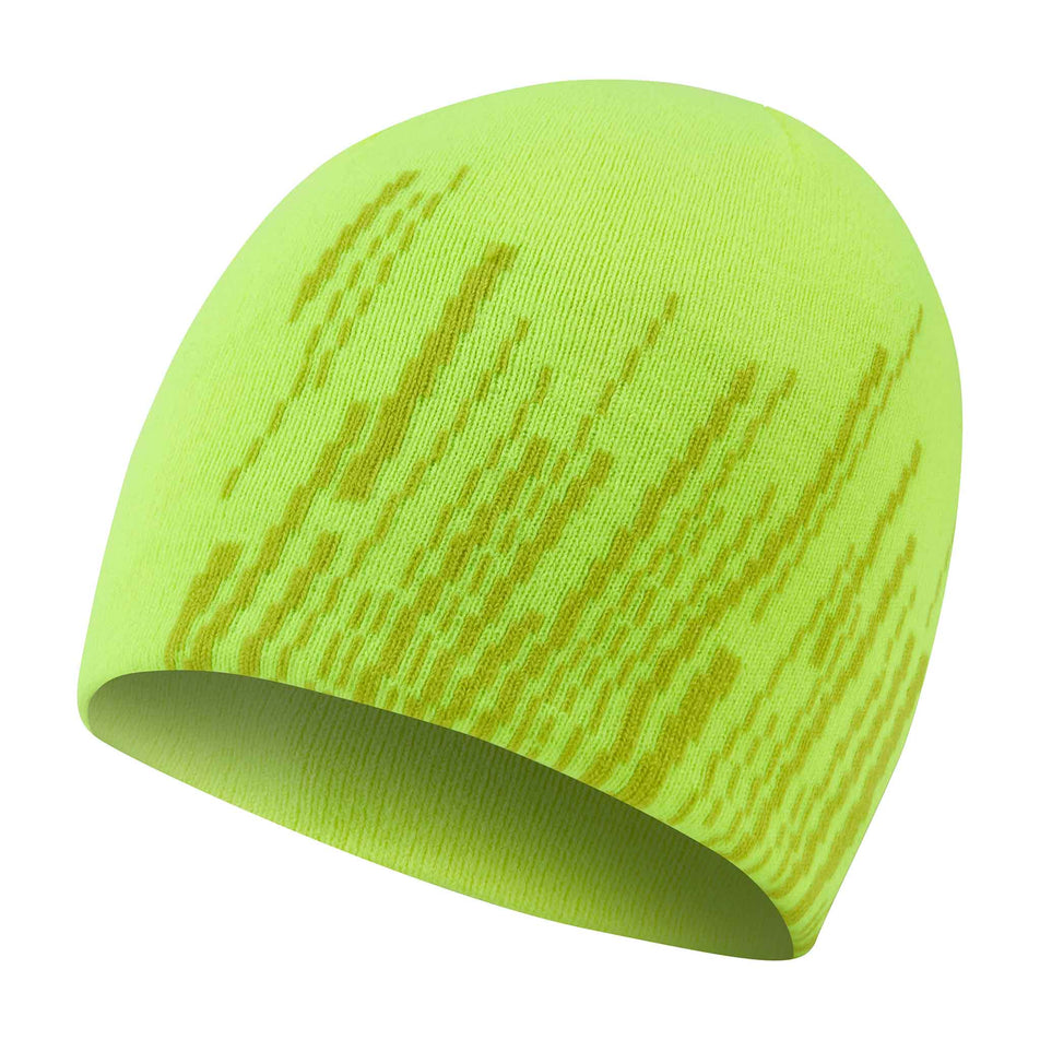 Front view of the Ronhill Unisex Run Beanie in the Fluo Zest/Black colourway.