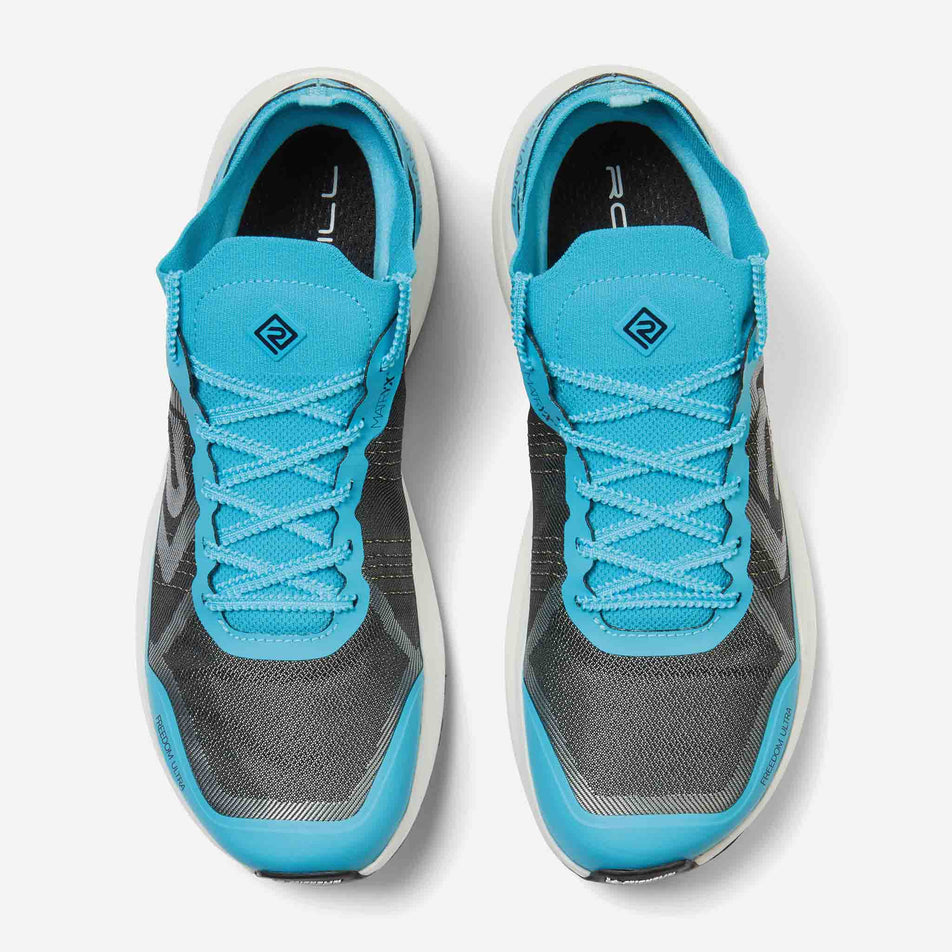 The uppers of a pair of Ronhill Men's Freedom Ultra Running Shoes in the Blue Atoll colourway.