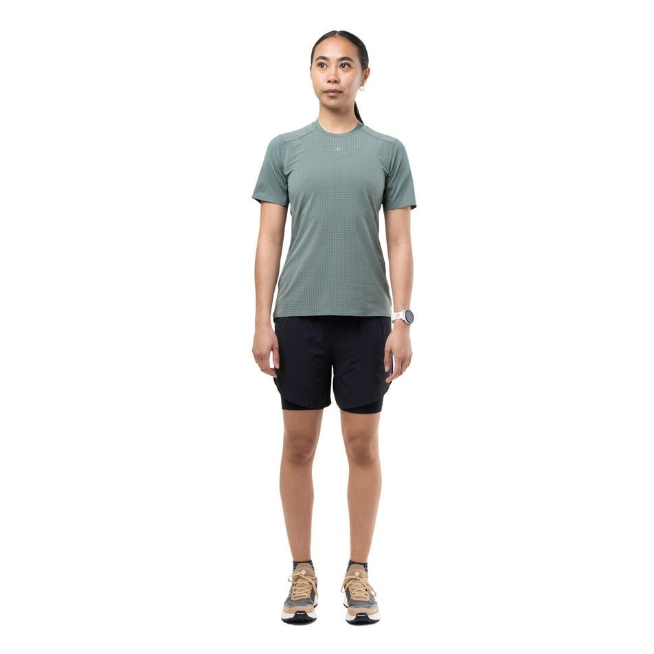 Front view of a model wearing the Ronhill Women's Tech All-Terrain S/S Tee in the Laurel colourway.