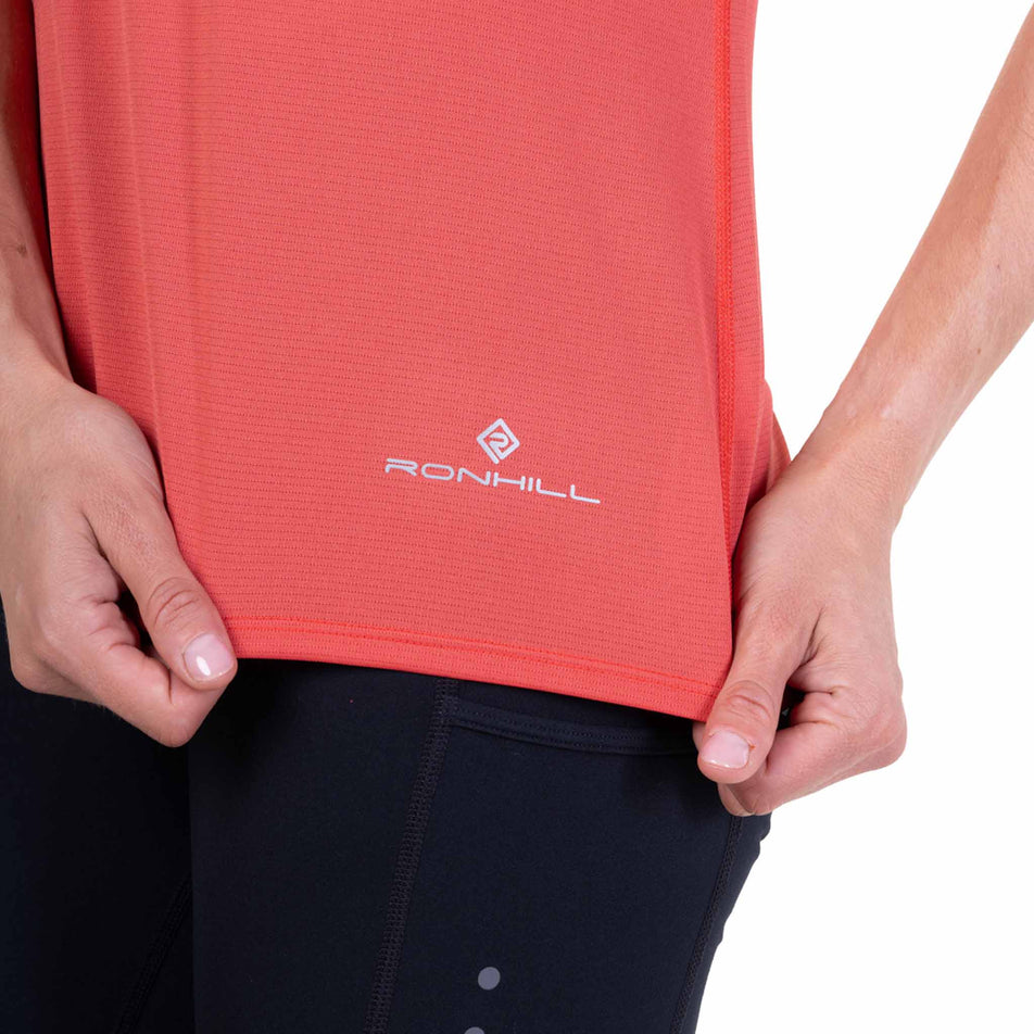 The Ronhill logo on the Ronhill Women's Core S/S Tee in the Sumac colourway.