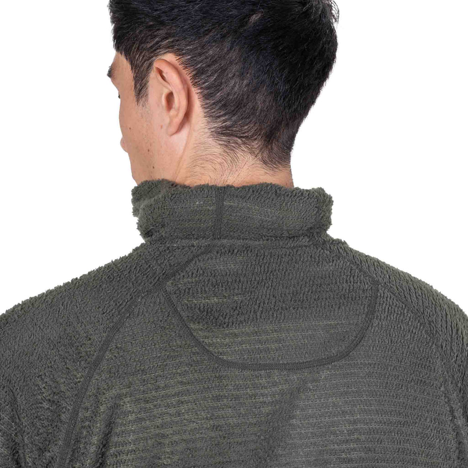 Back view of a model wearing the Ronhill Men's Tech Winter Primaloft Hoodie in the Kelp/Zest colourway with the hood rolled up.