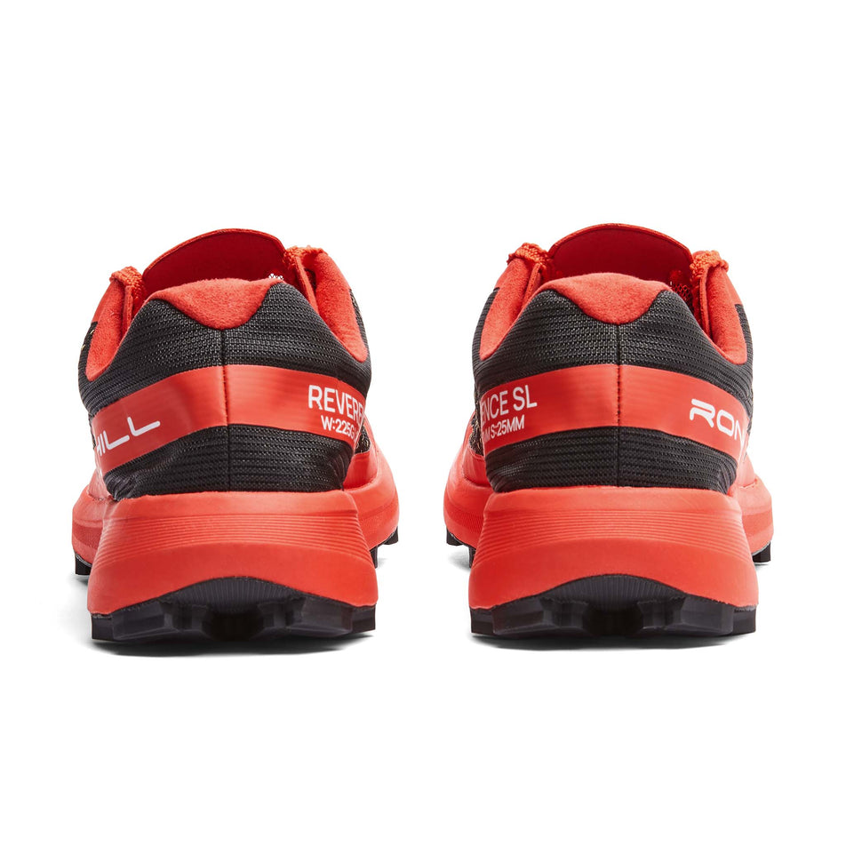 The back of a pair of Ronhill Men's Reverence SL Running Shoes in the Black/Red colourway.