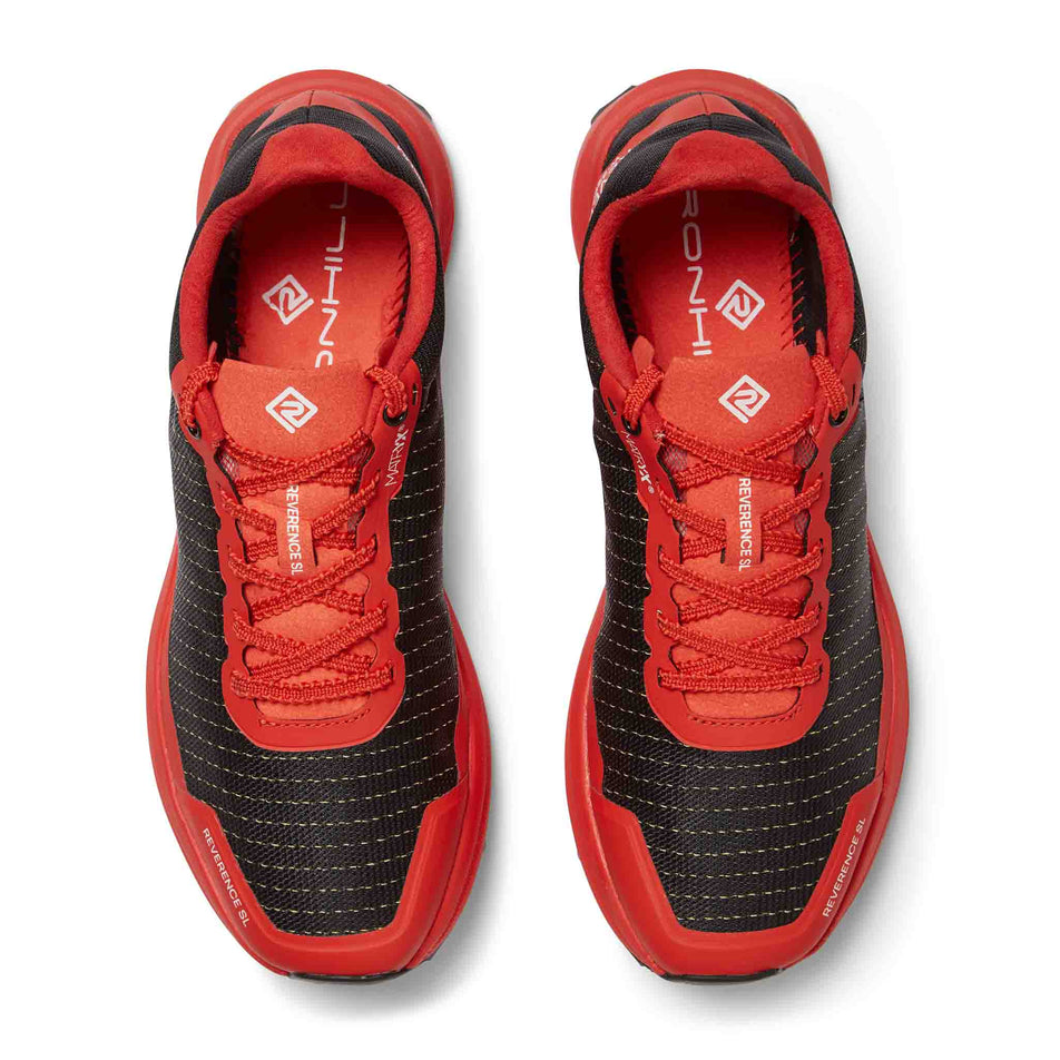 The uppers of a pair of Ronhill Men's Reverence SL Running Shoes in the Black/Red colourway.