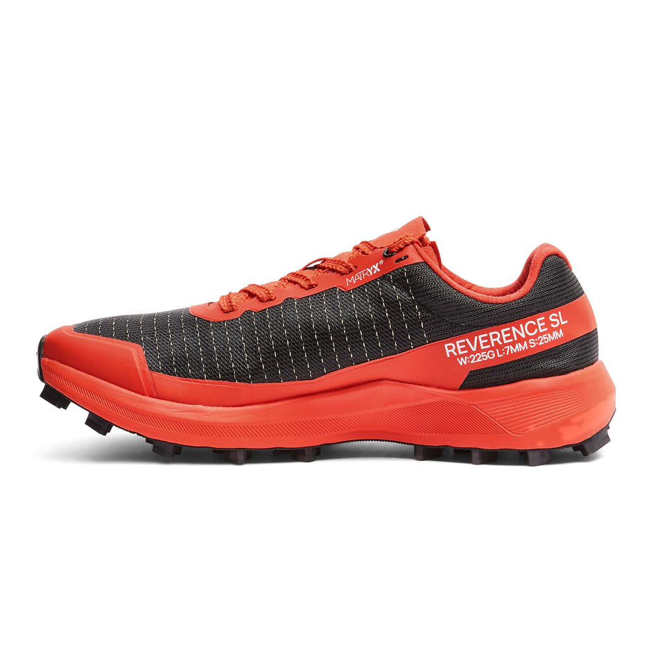 Medial view of the right shoe from a pair of Ronhill Men's Reverence SL Running Shoes in the Black/Red colourway.