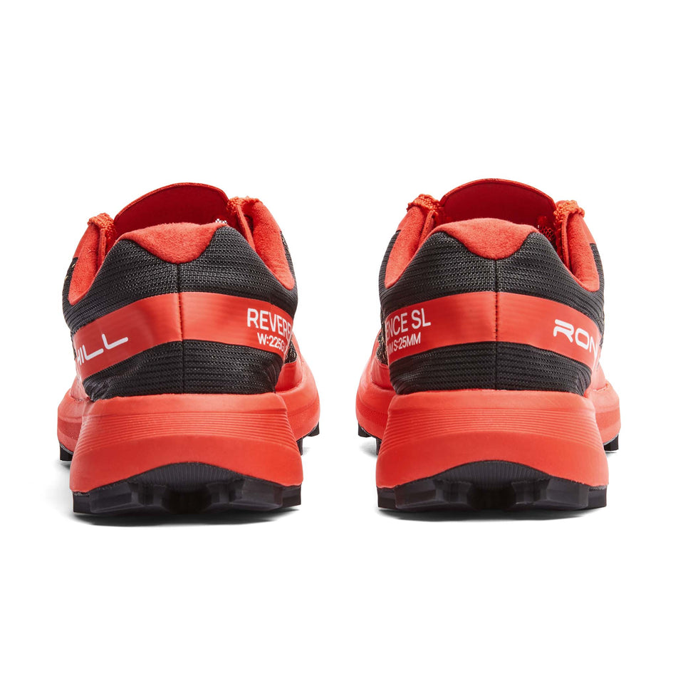 The back of a pair of Ronhill Women's Reverence SL Running Shoes in the Black/Red colourway.