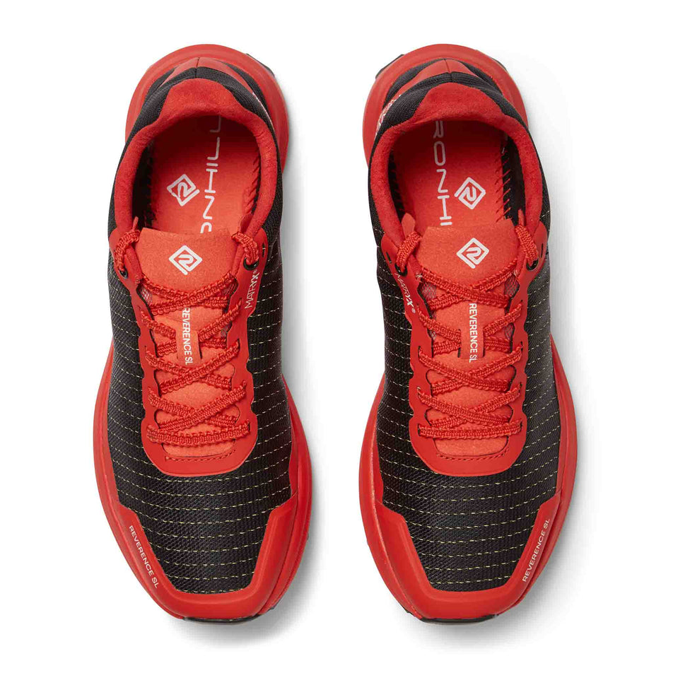 The uppers of a pair of Ronhill Women's Reverence SL Running Shoes in the Black/Red colourway.