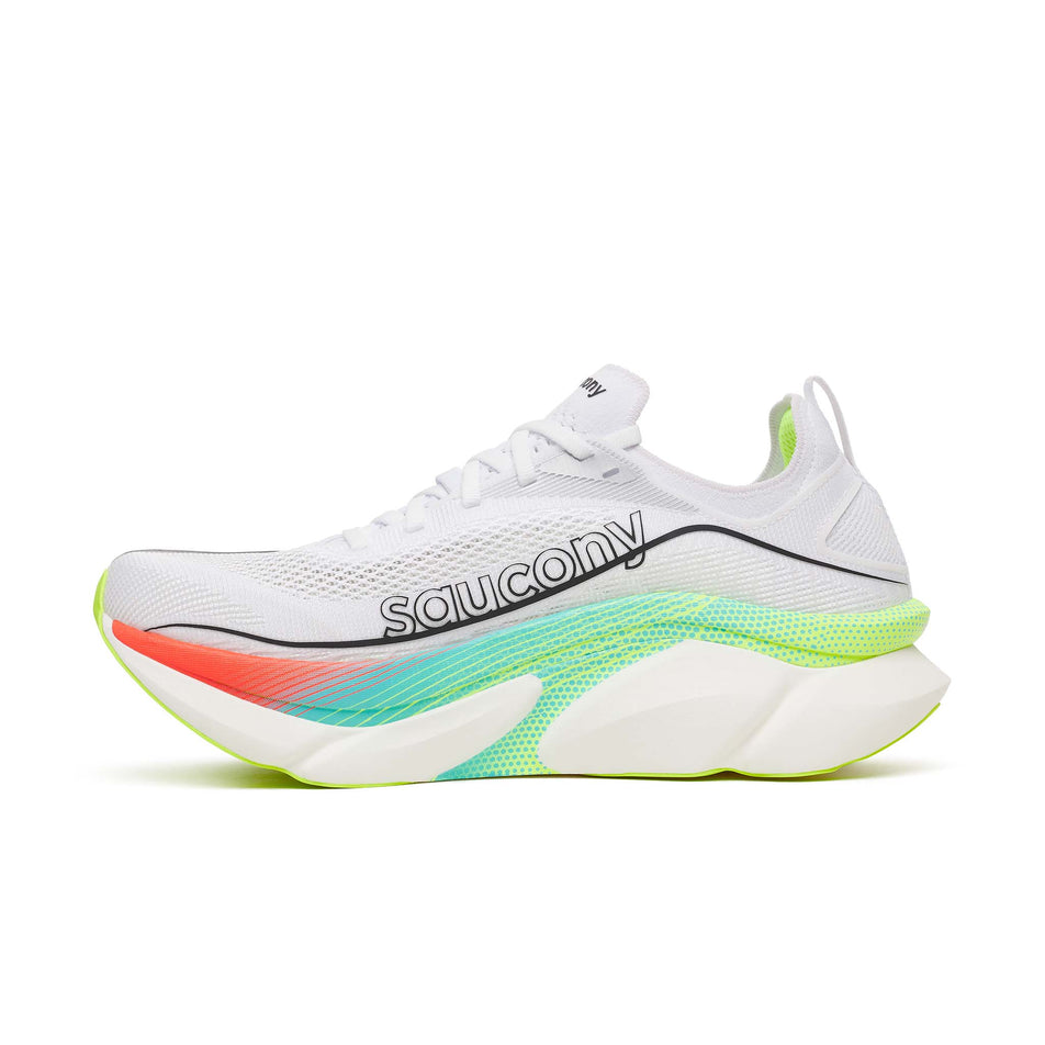 Medial view of the right shoe from a pair of Saucony Unisex Endorphin Elite 3 Running Shoes in the White/Multi colourway.