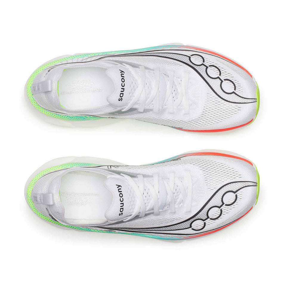The uppers of a pair of Saucony Unisex Endorphin Elite 3 Running Shoes in the White/Multi colourway.