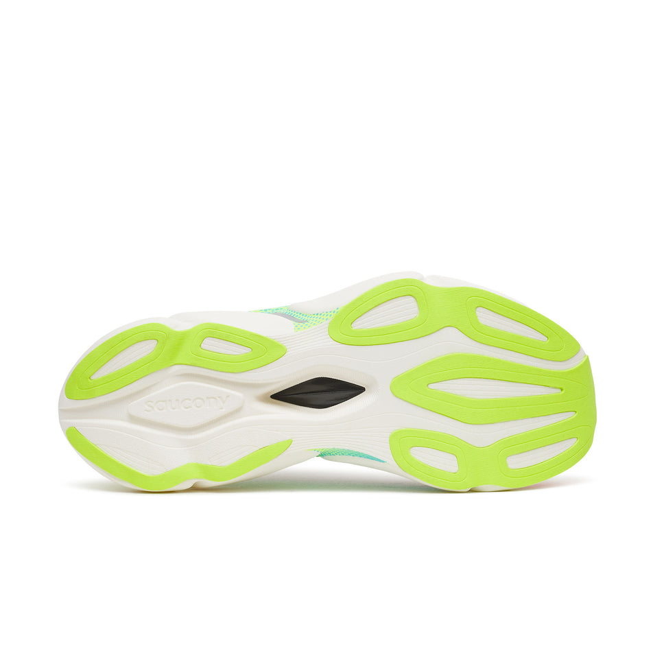 The outsole of the right shoe from a pair of Saucony Unisex Endorphin Elite 3 Running Shoes in the White/Multi colourway.