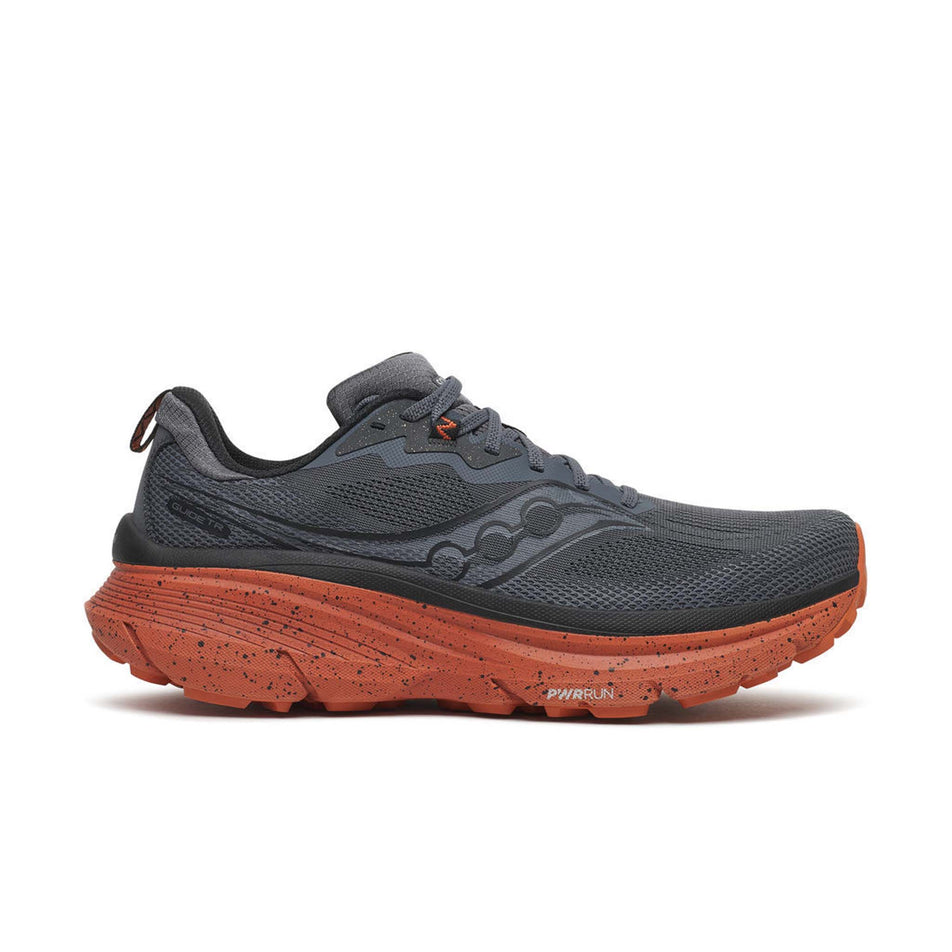 Lateral view of the right shoe from a pair of Saucony Men's Guide TR Running Shoes in the Carbon/Rust colourway.