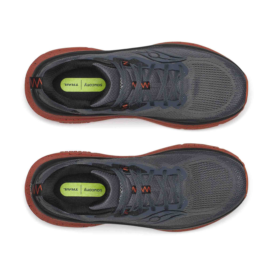 The uppers of a pair of Saucony Men's Guide TR Running Shoes in the Carbon/Rust colourway.