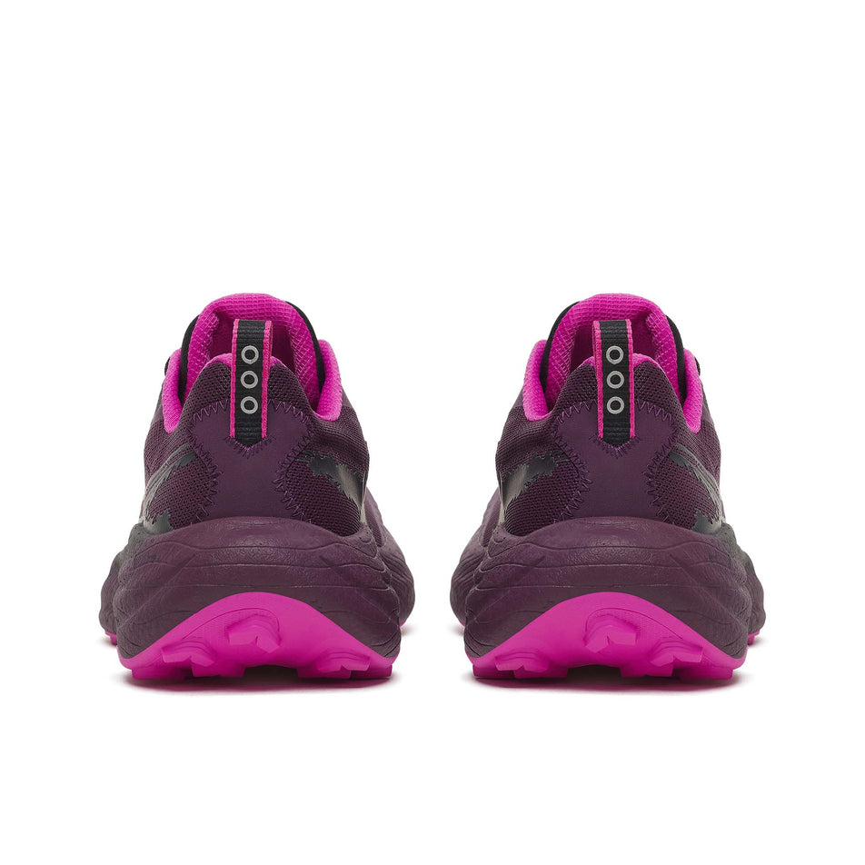 The back of a pair of Saucony Women's Ride TR3 Running Shoes in the Eggplant/Black colourway.